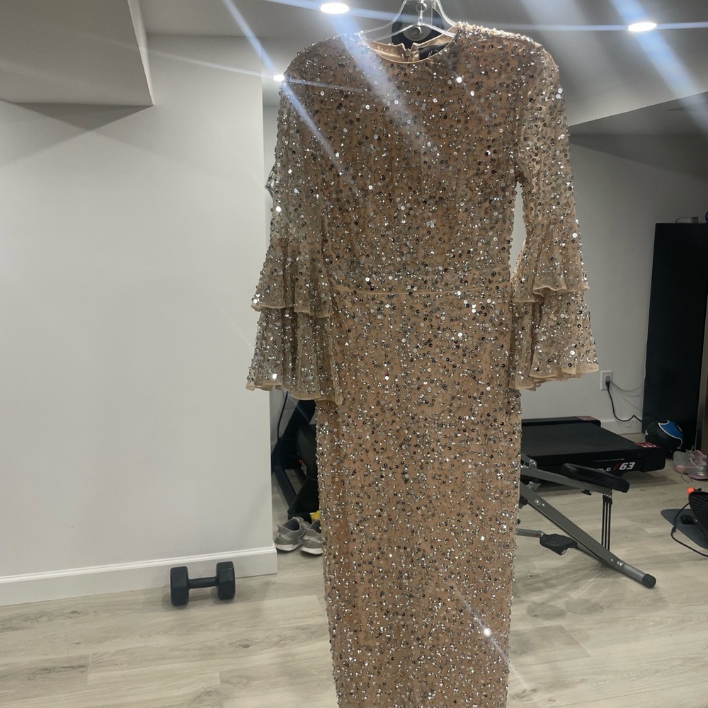 Mac Duggal Gold Sequin Long Sleeve Dress